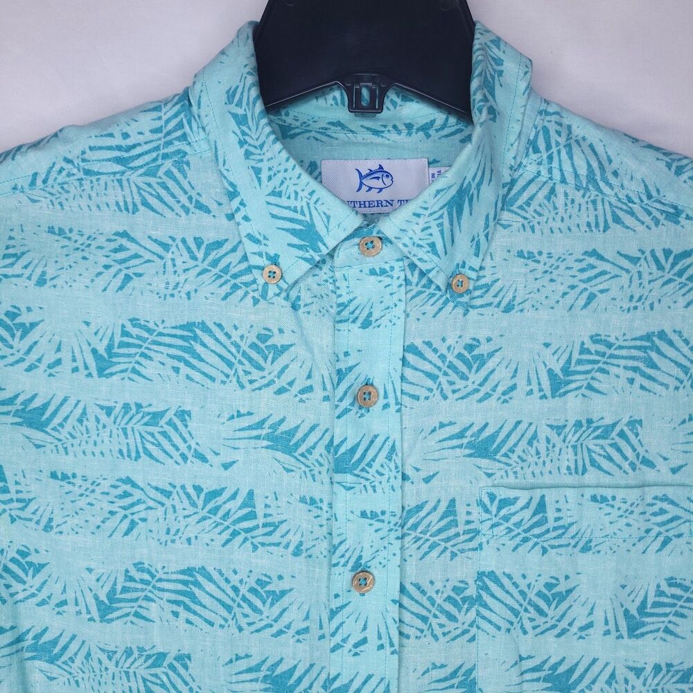 Southern Tide Linen Shirt Mens Medium Mint Tropical Floral